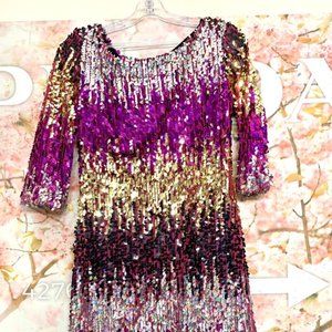 Glitter Purple-Gold Sequin Three-Quarter Sleeve Dress